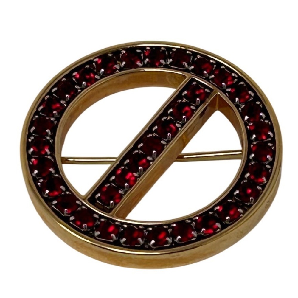 Swarovski‎ Gold Tone Ruby Red Crystal Circle Bar Brooch Pin Swan Logo Hallmarked
